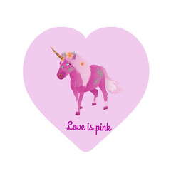 T shirt print icon with a pink unicorn flying into a heart shape with text Love is pink under it. Vector illustration isolated on white background.