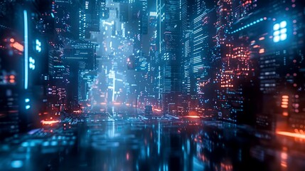 Fototapeta premium Futuristic Cityscape with Neon Lights and Reflections