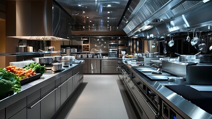 Fototapeta premium State-of-the-Art Commercial Kitchen with Stainless Steel Equipment and Modern Design