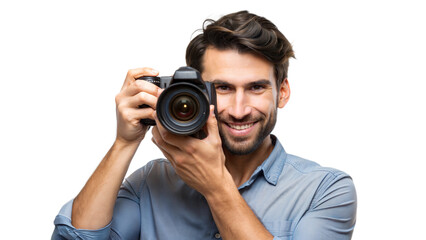 Smiling man holding a camera, enjoying photography