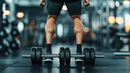 Close-up of a person preparing for a weightlifting workout, showcasing dumbbells on the gym floor, highlighting fitness and strength.