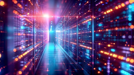 Naklejka premium Illuminated Server Room with Colorful Lights and Glowing Technology