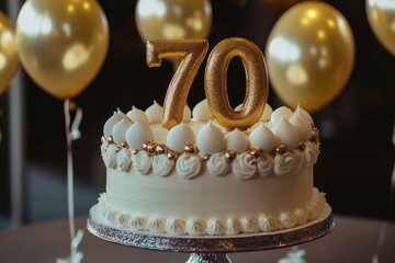 Celebratory cake with golden 70th birthday candles and gold balloons at a festive gathering