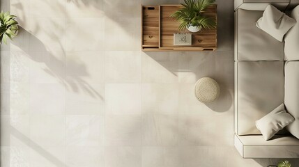 Top View of a Minimalist Living Room with a White Sofa