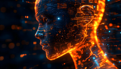 Futuristic silhouette of a human head composed of glowing digital circuitry, symbolizing technology and artificial intelligence.