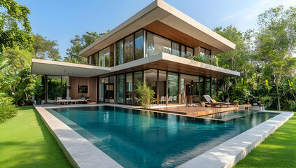 Fototapeta premium Modern villa with a swimming pool surrounded by lush greenery, reflecting luxury and tranquility in a serene outdoor setting.