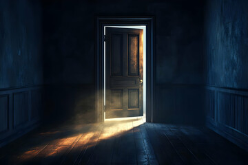 Mysterious doorway illuminating a dimly lit room, evoking intrigue and suspense, inviting exploration into the unknown.