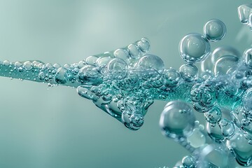 Bubbles forming the shape of an arrow, growing in weight from light green to dark teal, against a mint background. The bubbles create delicate patterns and textures that give depth and dimension 