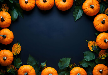 Vibrant pumpkins surrounded by autumn leaves on a dark background, perfect for seasonal themes and festive decorations.