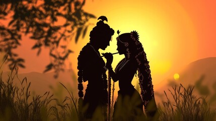 Fototapeta premium India, religion, Lord Krishna, silhouette silhouette, God Krishna, goddess Radha, figure, Krishna, flute in hand, graceful posture, slightly sideways, face, with a gentle smile, melody, affection, rev