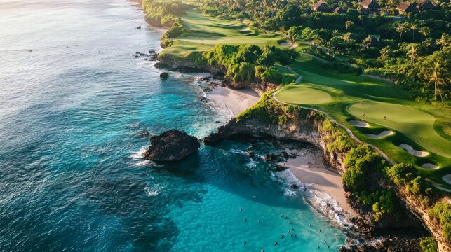 Aerial view of Anahita luxury resort and golf court with Ile aux Cerfs Lagoon, Flacq, Mauritius.