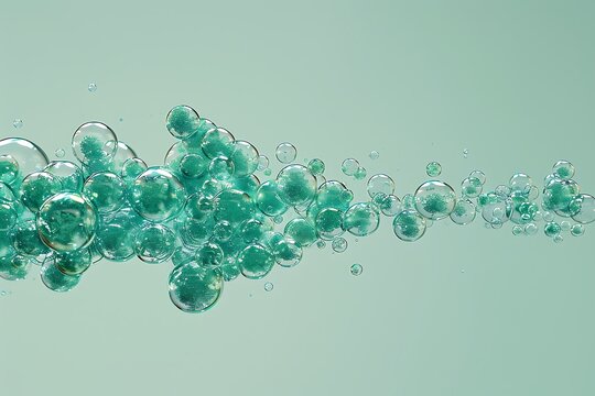 Bubbles forming the shape of an arrow, growing in weight from light green to dark teal, against a mint background. The bubbles create delicate patterns and textures that give depth and dimension 