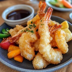 Crispy shrimp tempura served with fresh vegetables and dipping sauce at a restaurant
