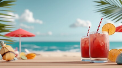 Refreshing cocktails on a beachside table with palm leaves and umbrellas, perfect for a summer escape or tropical getaway.