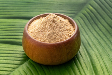 Peruvian organic maca powder - Lepidium meyenii in the bowl