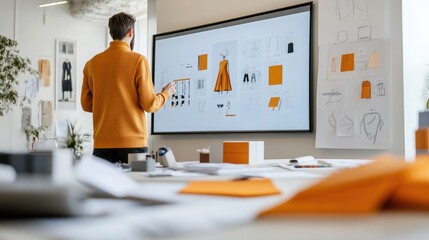 A designer reviews fashion concepts on a screen in a creative workspace filled with sketches and color swatches.