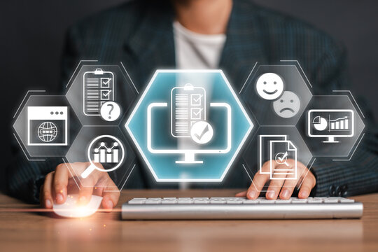 Modern online survey concept featuring digital interface icons and user interaction, ideal for data collection, analysis, and feedback.