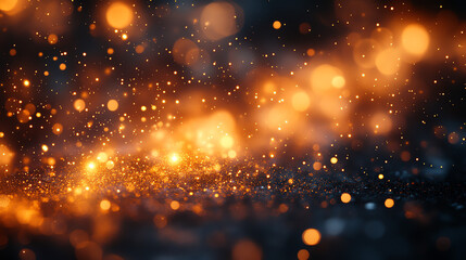 A dark background with many warm, orange-yellow lights and sparkles.

