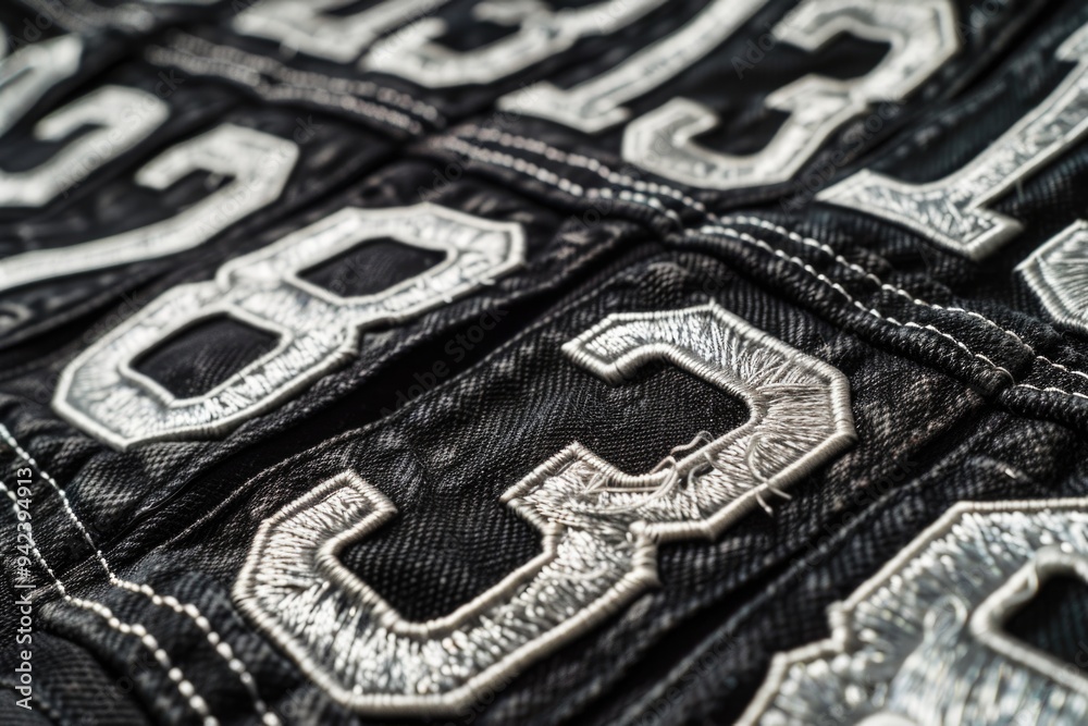 Poster close-up of a patch on a person's jacket, with intricate details and texture
