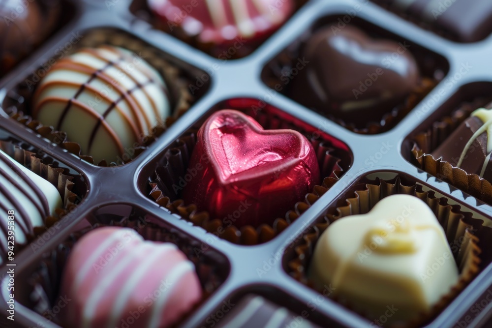 Poster a close-up shot of a box of assorted chocolates