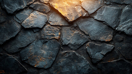Fototapeta premium A dark gray stone wall with uneven rough edged pieces