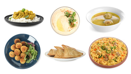 Hummus, samosas, falafel balls, pilaf, matzo balls and rice with curry on white background. Collection with dishes of different national traditional cuisines
