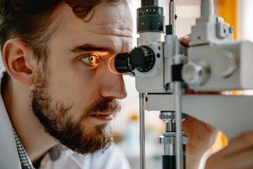 Optometrist examining a patient's eye with a slit lamp in a clinic during the afternoon