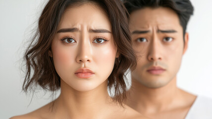 A woman and a man are standing next to each other, with the woman looking sad