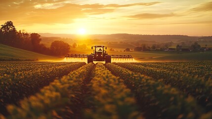 A red tractor moves with purpose, spraying crops under a golden sunset sky.