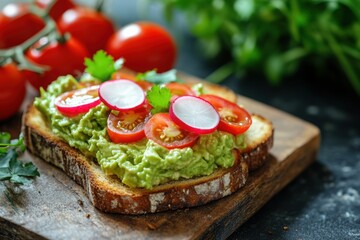 Guacamole spread on a slice of toasted sourdough bread, topped with cherry tomatoes and radish slices