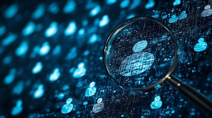 Focused under a magnifying glass, a human icon stands out on a network of connections.