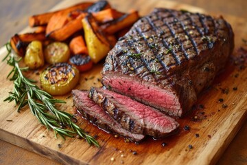 Grilled grass fed beef steak, sliced and served on a wooden cutting board with a side of roasted vegetables and rosemary sprigs 