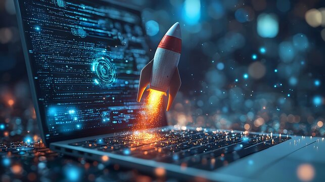 A rocket launches from a laptop, a digital leap forward symbolizing the energy of a startup.