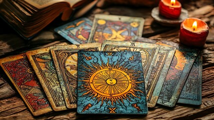 Candlelight casts a glow on tarot cards, a scene steeped in mysticism and magic.