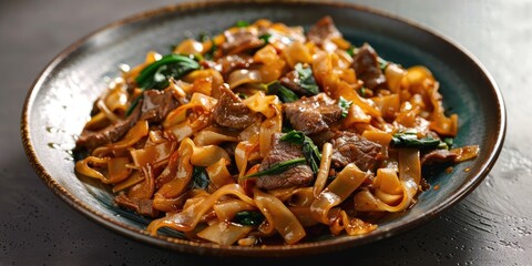 Dry fried beef hor fun on a plate