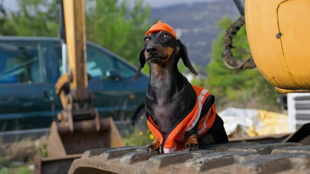A charming and playful dachshund in a bright construction builder worker protective gear charmingly poses on construction equipment, barks and calls everyone to get to work