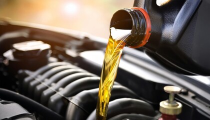 An engine oil being poured into a car engine, showcasing maintenance and care for vehicle performance.