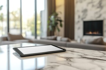 Mock up tablet on marble counter with copy space in blurred living room background with generative ai