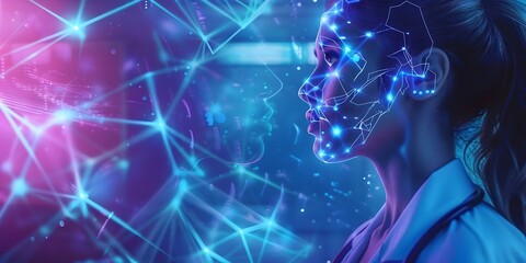 Doctor woman, looking to 3D neon lines 