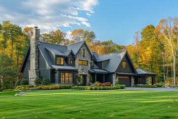 Modern gray house with stone chimney and white garage, surrounded by lush green yard and blue sky in a serene woodland setting.
