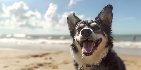 Happy dog on the beach, dog in the water, dog in the sea