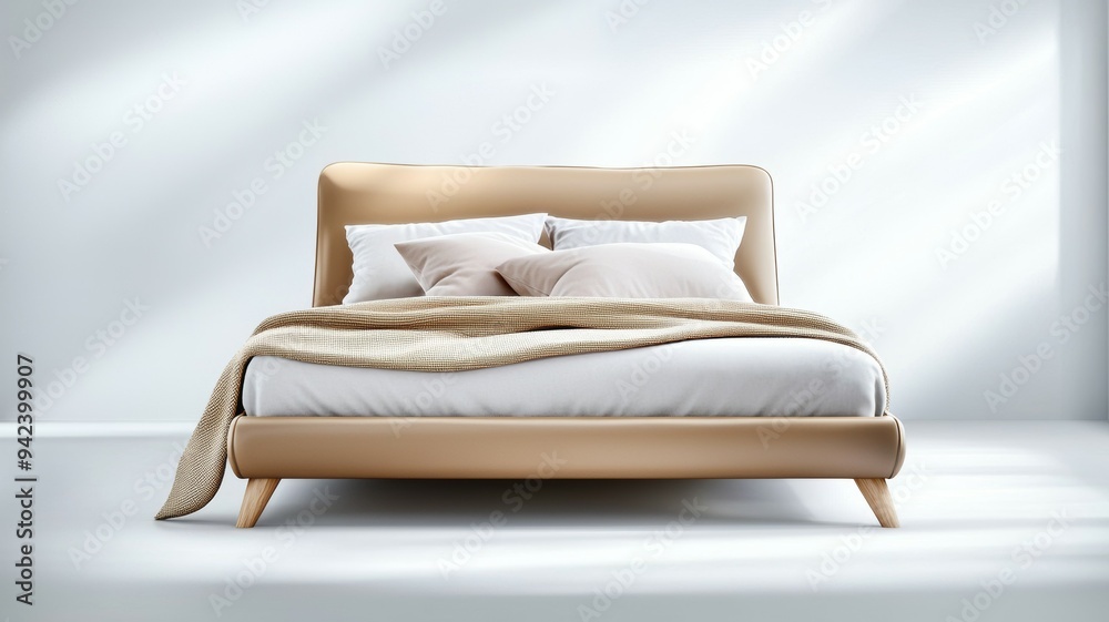 Wall mural A bed with a brown frame and white sheets