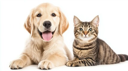 A dog and a cat are laying on a white background