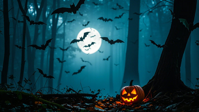 hutan tampak dari dekat terlihat pohon yang menyeramkan tampak siluet oren, terdapat pumpkin haloween yang menyala disertai kelelawar hitam, dengan adanya cahaya bulan masuk