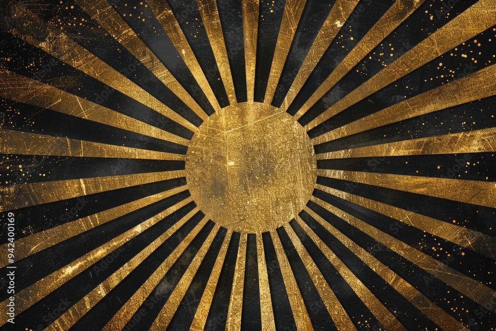 Poster a bright sunburst design on a black and gold background, ideal for use in designs where a touch of e