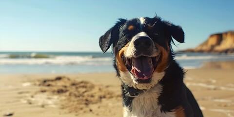 Happy dog on the beach, dog in the water, dog in the sea