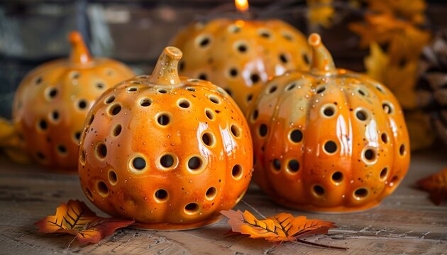 Clay ceramic candlesticks in shape pumpkins  home decor for decorating a party Halloween and Thanksgiving day. for festive party, greeting card.