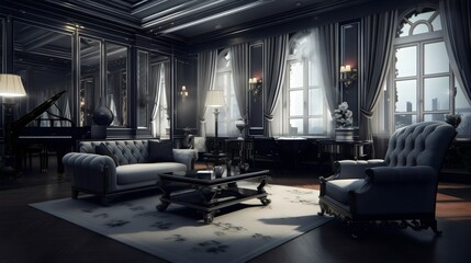 interior of a living room, all black