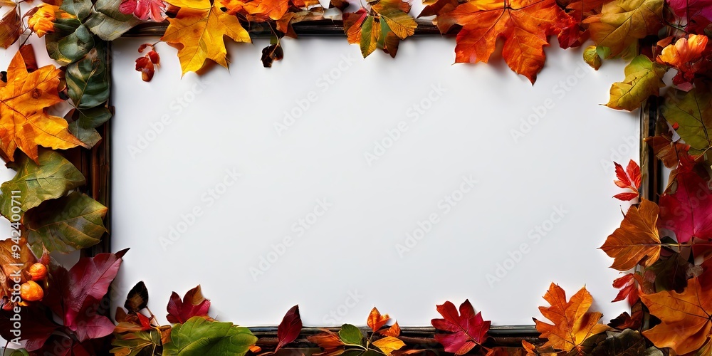 Poster a white frame with a bunch of autumn leaves surrounding it