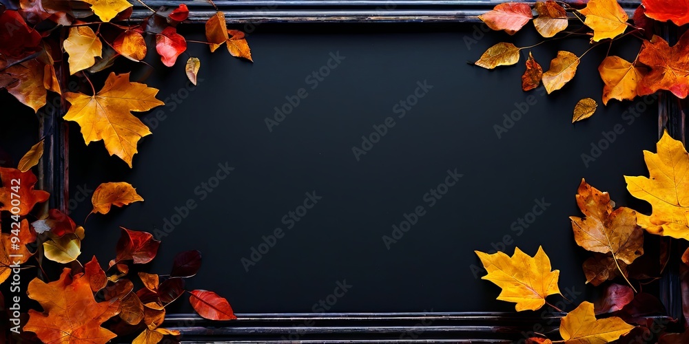 Poster a black frame with a black background and a border of autumn leaves